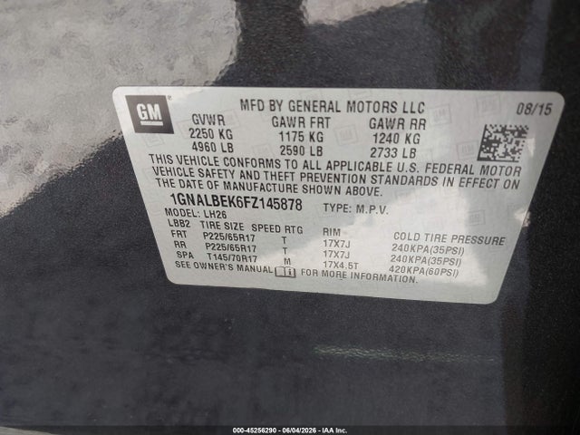 Продаж на аукціоні авто 2015 Chevrolet Equinox 1lt, vin: 1GNALBEK6FZ145878, номер лоту: 45256290