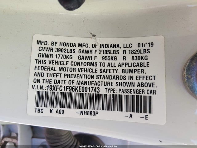 2019 Honda Civic Touring მანქანა იყიდება აუქციონზე, vin: 19XFC1F96KE001743, აუქციონის ნომერი: 45256307