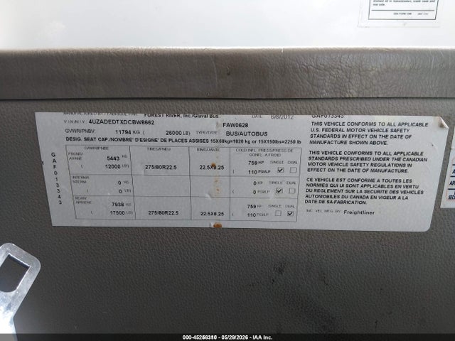 Продаж на аукціоні авто 2013 Freightliner Chassis M Line Shuttle Bus, vin: 4UZADEDTXDCBW8662, номер лоту: 45256310