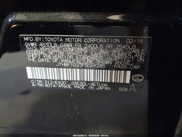 45256315 :رقم المزاد ، JTHBF1D27F5069285 vin ، 2015 Lexus Is 250 مزاد بيع