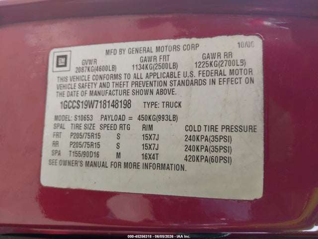 Продаж на аукціоні авто 2001 Chevrolet S-10 Ls, vin: 1GCCS19W718148198, номер лоту: 45256318
