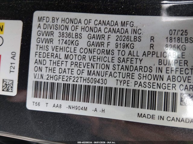 45256334 :رقم المزاد ، 2HGFE2F22TH509430 vin ، 2026 Honda Civic Lx مزاد بيع