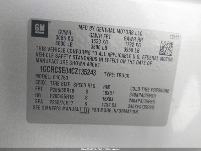 2012 Chevrolet Silverado 1500 Lt მანქანა იყიდება აუქციონზე, vin: 1GCRCSE04CZ135243, აუქციონის ნომერი: 45256335