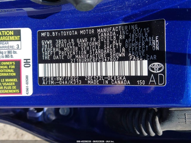 2015 Toyota Corolla S Plus მანქანა იყიდება აუქციონზე, vin: 2T1BURHE6FC347607, აუქციონის ნომერი: 45256338