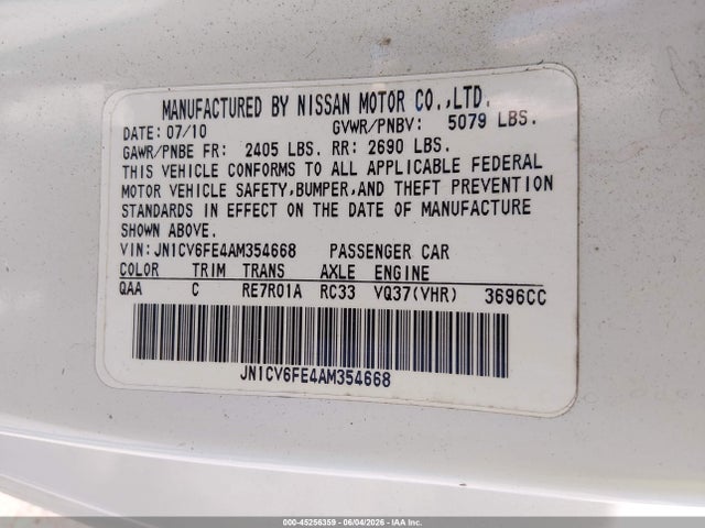 Продажа на аукционе авто 2010 Infiniti G37, vin: JN1CV6FE4AM354668, номер лота: 45256359