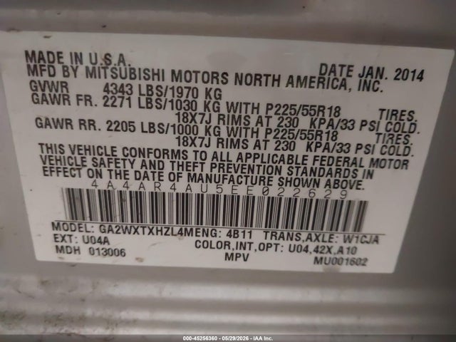 Aukcja sprzedaży 2014 Mitsubishi Outlander Sport Se, vin: 4A4AR4AU5EE022629, numer aukcji: 45256360