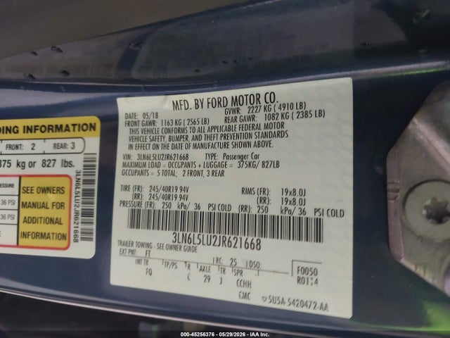 Aukcja sprzedaży 2018 Lincoln Mkz Hybrid Select, vin: 3LN6L5LU2JR621668, numer aukcji: 45256376