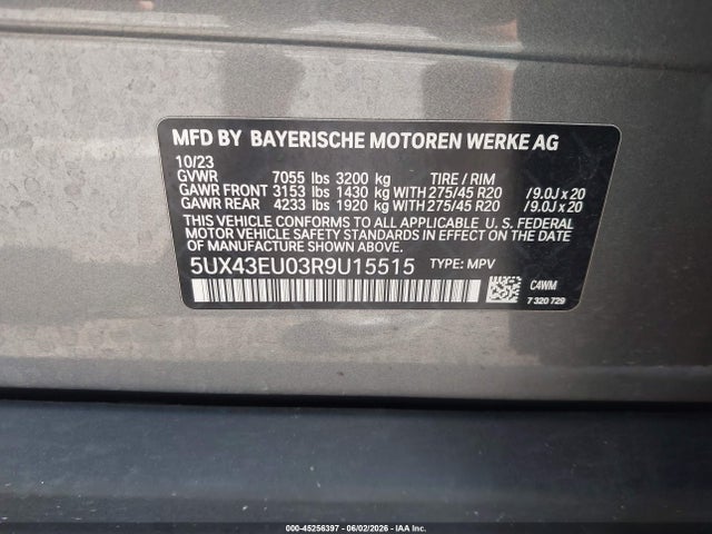 45256397 :رقم المزاد ، 5UX43EU03R9U15515 vin ، 2024 Bmw X5 Phev Xdrive50e مزاد بيع