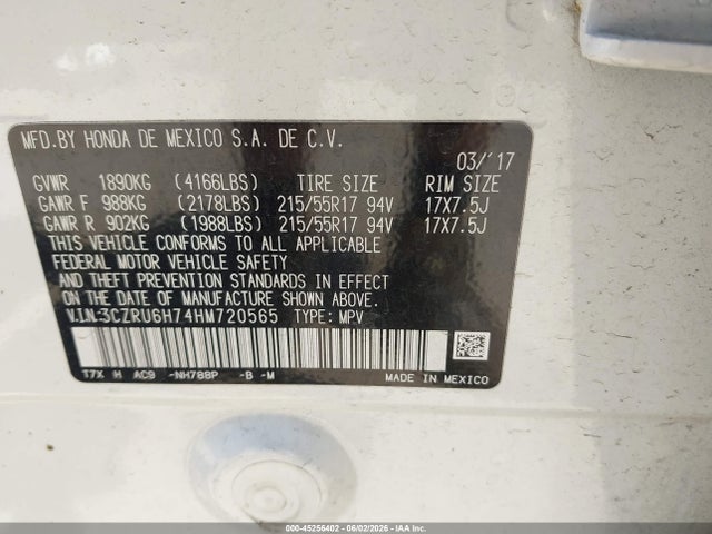 Продажа на аукционе авто 2017 Honda Hr-v Ex-l, vin: 3CZRU6H74HM720565, номер лота: 45256402