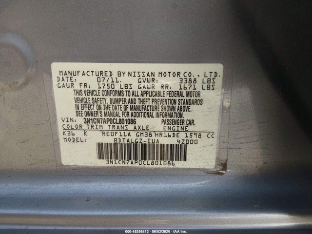 2012 Nissan Versa 1.6 Sl მანქანა იყიდება აუქციონზე, vin: 3N1CN7AP0CL801086, აუქციონის ნომერი: 45256412