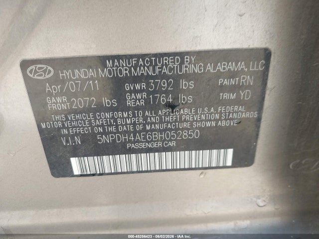 45256423 :رقم المزاد ، 5NPDH4AE6BH052850 vin ، 2011 Hyundai Elantra Gls مزاد بيع