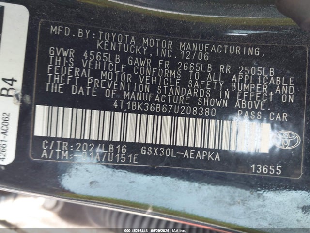 45256448 :رقم المزاد ، 4T1BK36B67U208380 vin ، 2007 Toyota Avalon Limited مزاد بيع