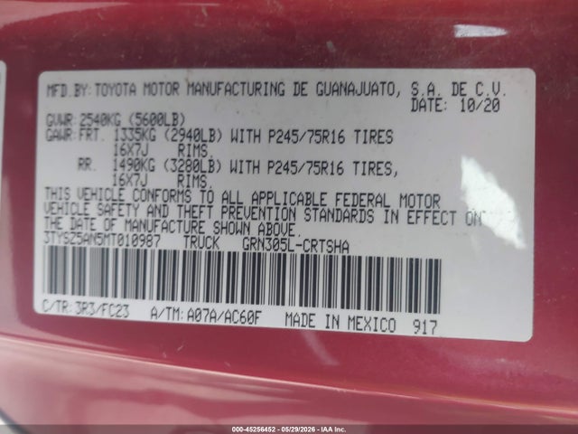 3TYSZ5AN5MT010987 Toyota Tacoma Sr5 V6