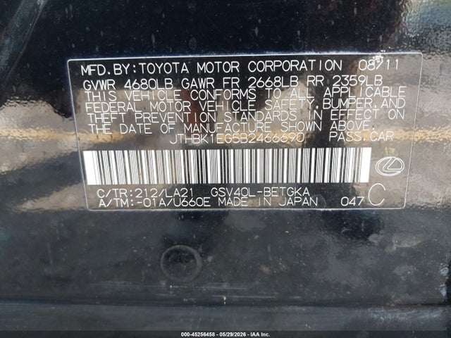 2011 Lexus Es 350 მანქანა იყიდება აუქციონზე, vin: JTHBK1EG5B2466690, აუქციონის ნომერი: 45256458