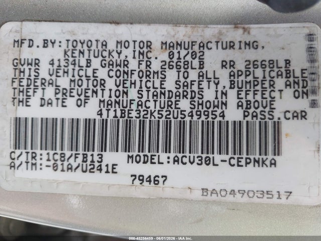 45256459 :رقم المزاد ، 4T1BE32K52U549954 vin ، 2002 Toyota Camry Le مزاد بيع