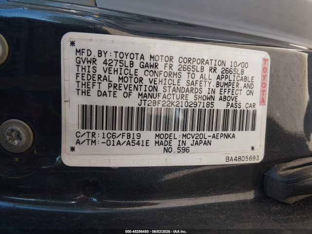 45256480 :رقم المزاد ، JT2BF22K210297185 vin ، 2001 Toyota Camry Le V6 مزاد بيع