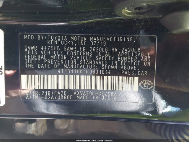 Aukcja sprzedaży 2019 Toyota Camry Se, vin: 4T1B11HK1KU831614, numer aukcji: 45256497