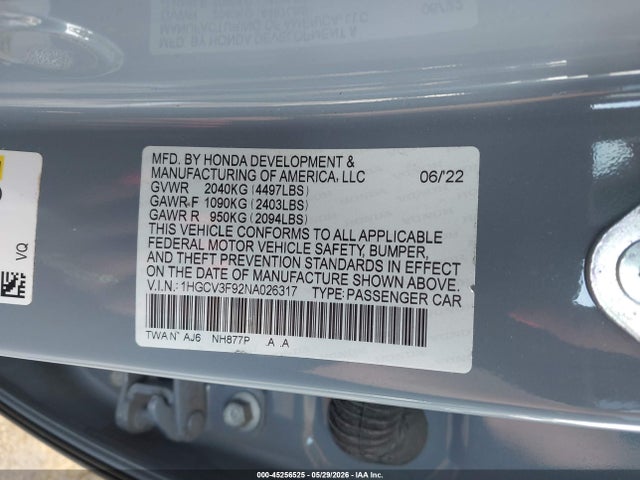 45256525 :رقم المزاد ، 1HGCV3F92NA026317 vin ، 2022 Honda Accord Hybrid Touring مزاد بيع