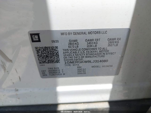1GNERGKW9LJ314080 Chevrolet Traverse Fwd Lt Cloth
