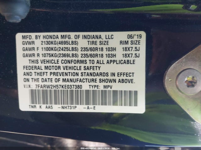 45256534 :رقم المزاد ، 7FARW2H57KE037380 vin ، 2019 Honda Cr-v Ex مزاد بيع