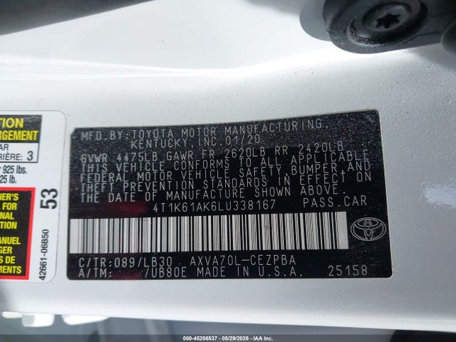 2020 Toyota Camry Xse მანქანა იყიდება აუქციონზე, vin: 4T1K61AK6LU338167, აუქციონის ნომერი: 45256537