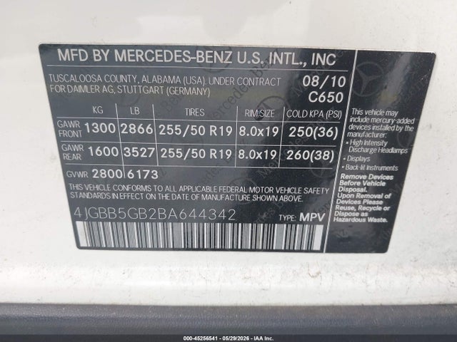 Продажа на аукционе авто 2011 Mercedes-benz Ml 350, vin: 4JGBB5GB2BA644342, номер лота: 45256541