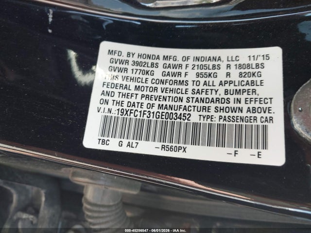 Aukcja sprzedaży 2016 Honda Civic Ex-t, vin: 19XFC1F31GE003452, numer aukcji: 45256547