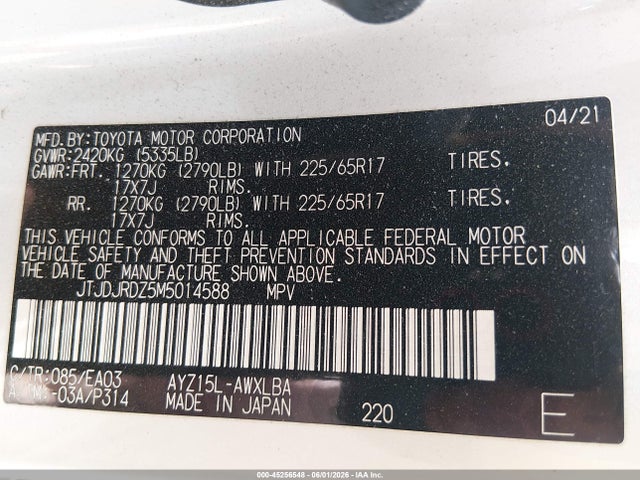 Aukcja sprzedaży 2021 Lexus Nx 300h, vin: JTJDJRDZ5M5014588, numer aukcji: 45256548