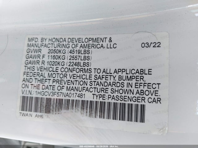 45256549 :رقم المزاد ، 1HGCV3F57NA017481 vin ، 2022 Honda Accord Hybrid Ex-l مزاد بيع