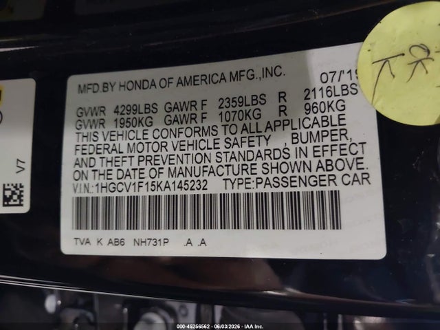 2019 Honda Accord Lx მანქანა იყიდება აუქციონზე, vin: 1HGCV1F15KA145232, აუქციონის ნომერი: 45256562