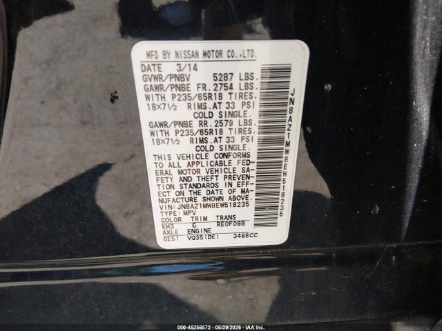2014 Nissan Murano Sl მანქანა იყიდება აუქციონზე, vin: JN8AZ1MW8EW518235, აუქციონის ნომერი: 45256572