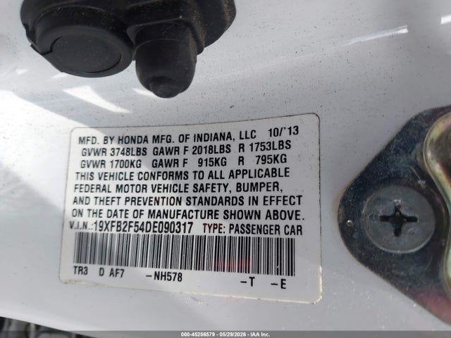 45256579 :رقم المزاد ، 19XFB2F54DE090317 vin ، 2013 Honda Civic Lx مزاد بيع