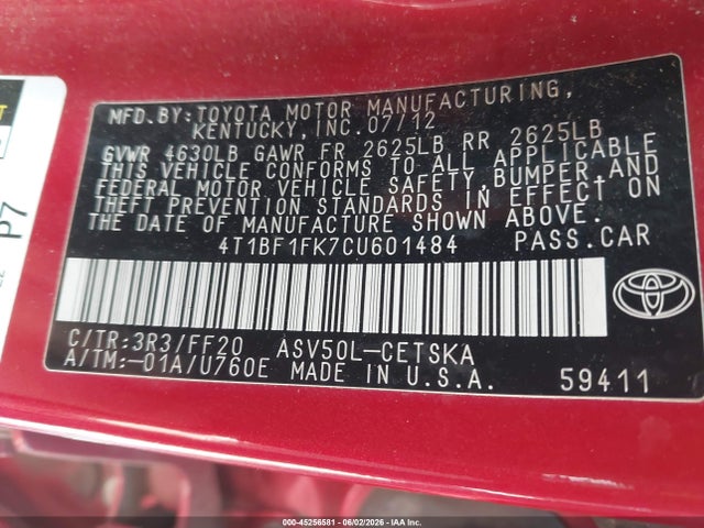 Aukcja sprzedaży 2012 Toyota Camry Se, vin: 4T1BF1FK7CU601484, numer aukcji: 45256581