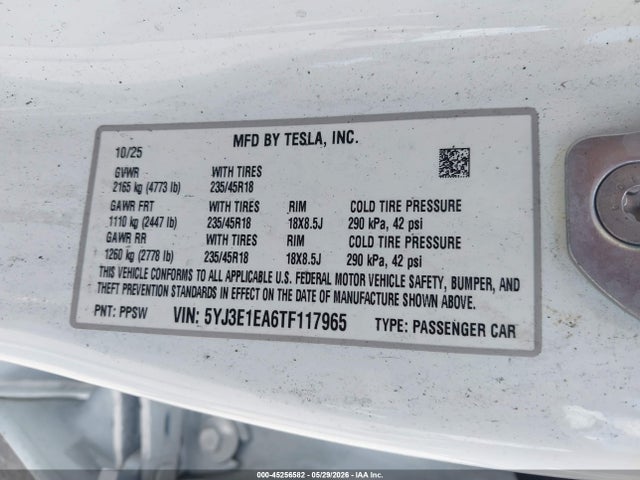 Aukcja sprzedaży 2026 Tesla Model 3 Premium Rear-wheel Drive/rear-wheel Drive, vin: 5YJ3E1EA6TF117965, numer aukcji: 45256582