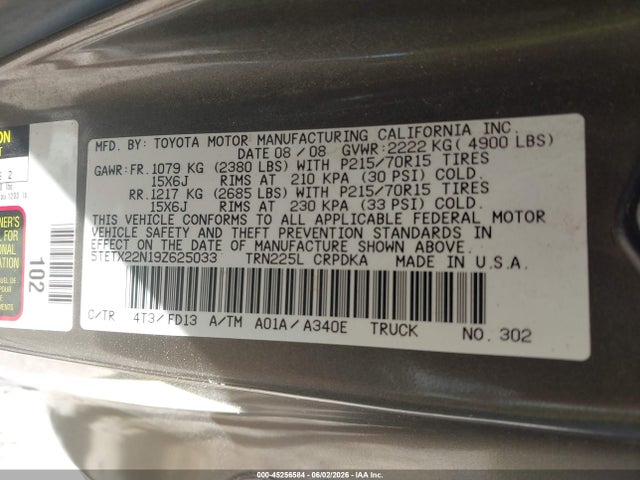 Aukcja sprzedaży 2009 Toyota Tacoma, vin: 5TETX22N19Z625033, numer aukcji: 45256584
