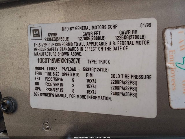 1999 Chevrolet S-10 Ls მანქანა იყიდება აუქციონზე, vin: 1GCDT19W5XK152070, აუქციონის ნომერი: 45256589