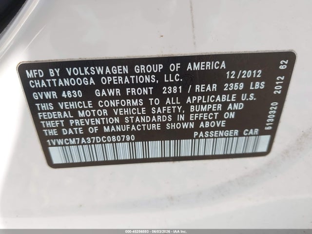 Продажа на аукционе авто 2013 Volkswagen Passat 3.6l V6 Sel Premium, vin: 1VWCM7A37DC080790, номер лота: 45256593