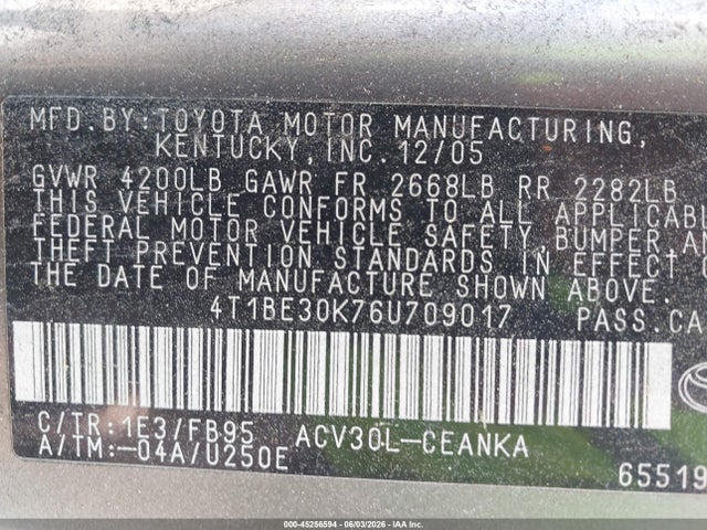 45256594 :رقم المزاد ، 4T1BE30K76U709017 vin ، 2006 Toyota Camry Le/xle/se مزاد بيع