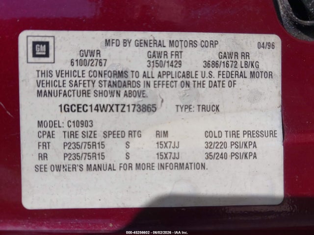45256602 :رقم المزاد ، 1GCEC14WXTZ173865 vin ، 1996 Chevrolet Gmt-400 C1500 مزاد بيع