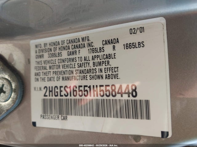 45256642 :رقم المزاد ، 2HGES16551H558448 vin ، 2001 Honda Civic Lx مزاد بيع