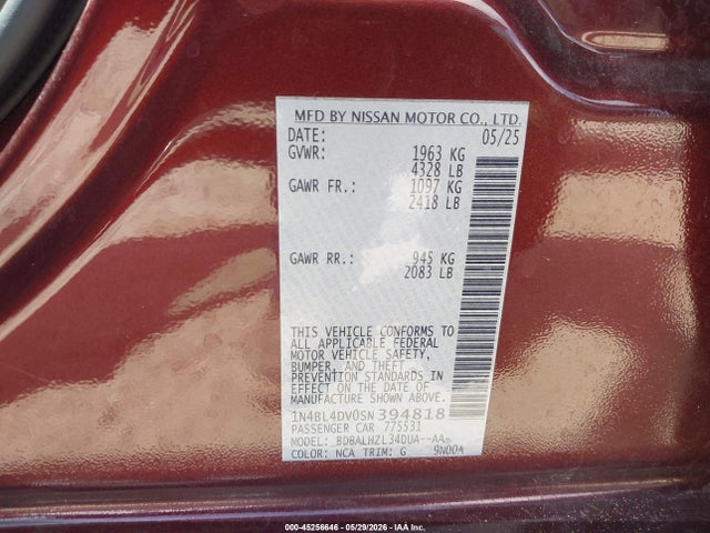 45256646 :رقم المزاد ، 1N4BL4DV0SN394818 vin ، 2025 Nissan Altima Sv Fwd مزاد بيع