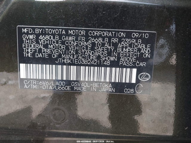 Aukcja sprzedaży 2011 Lexus Es 350, vin: JTHBK1EG3B2421148, numer aukcji: 45256648