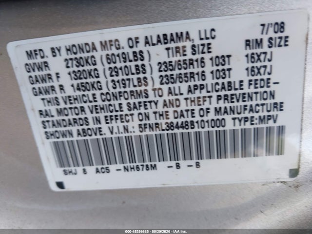 45256665 :رقم المزاد ، 5FNRL38448B101000 vin ، 2008 Honda Odyssey Ex مزاد بيع
