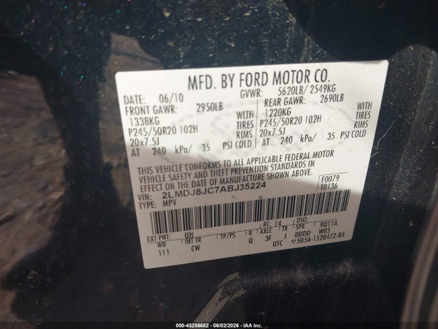 Продажа на аукционе авто 2010 Lincoln Mkx, vin: 2LMDJ8JC7ABJ35224, номер лота: 45256682