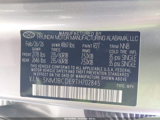 2026 Hyundai Tucson Sel მანქანა იყიდება აუქციონზე, vin: 5NMJBCDE9TH702845, აუქციონის ნომერი: 45256694