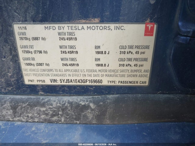 Aukcja sprzedaży 2016 Tesla Model S 90d/p100d/p85d/p90d, vin: 5YJSA1E43GF169660, numer aukcji: 45256696