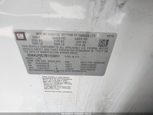 2011 Chevrolet Equinox Ltz მანქანა იყიდება აუქციონზე, vin: 2GNALFEC7B1150851, აუქციონის ნომერი: 45256716