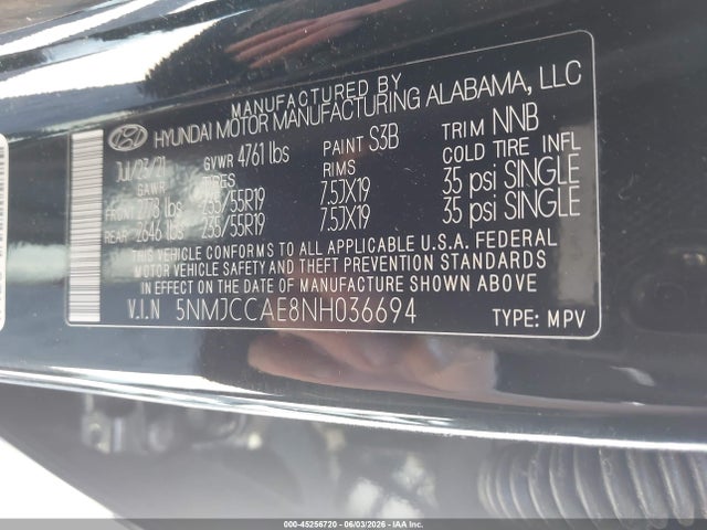2022 Hyundai Tucson Sel მანქანა იყიდება აუქციონზე, vin: 5NMJCCAE8NH036694, აუქციონის ნომერი: 45256720