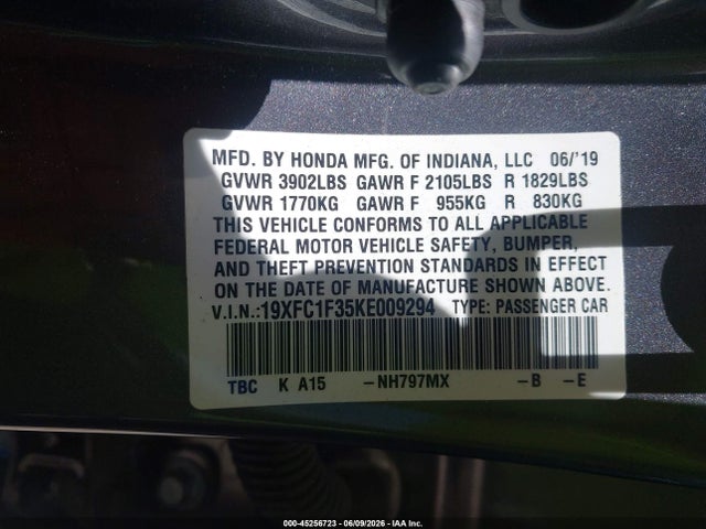 Продажа на аукционе авто 2019 Honda Civic Ex, vin: 19XFC1F35KE009294, номер лота: 45256723