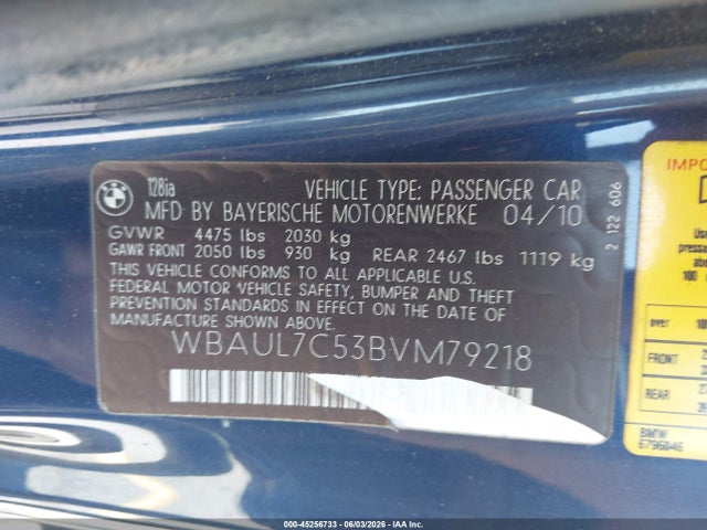 Aukcja sprzedaży 2011 Bmw 128i, vin: WBAUL7C53BVM79218, numer aukcji: 45256733